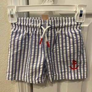 Cat & Jack boys blue and white striped bathing suit with red anchor detail.